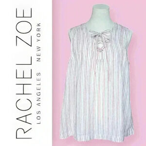 Rachel Zoe 100% Linen Pastel Pink Vertical Stripes Sleeveless Summer Blouse